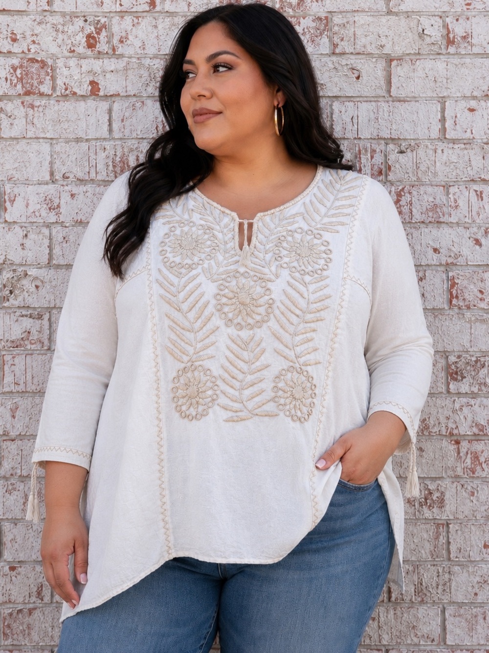 Vintage Mexican Peasant Floral Embrodiered 3/4 Sleeve Blouse Sz Lg/XL